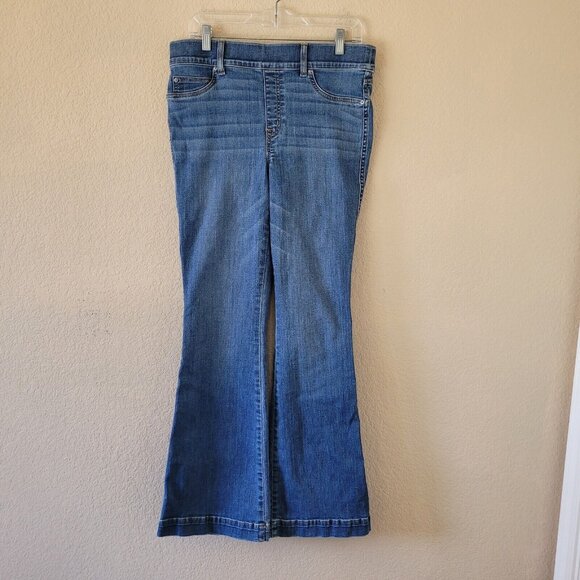 SPANX Denim - Spanx Flare Leg Pull-On Jeans Size L High Rise Light Blue Stretchy Slimming Euc